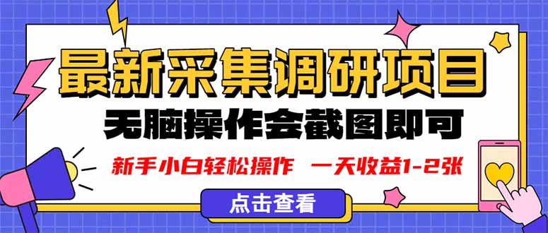 新版采集调研项目，截图上传即可，无脑操作，日收益1-2张  
						