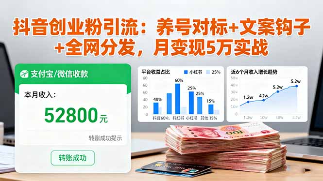 抖音创业粉引流：养号对标+文案钩子+全网分发，月变现5万实战  
						