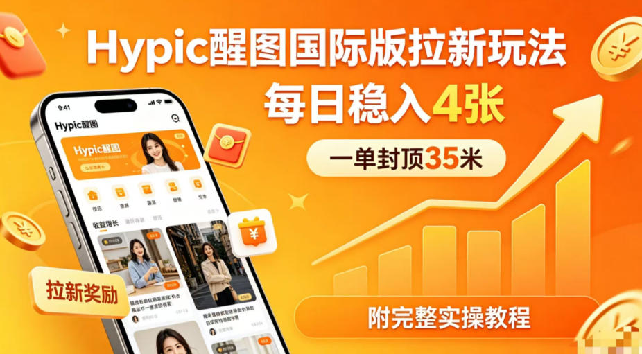 一单封顶35米，实测Hypic醒图国际版拉新玩法，每日稳入4张(附完整实操教程)  
						