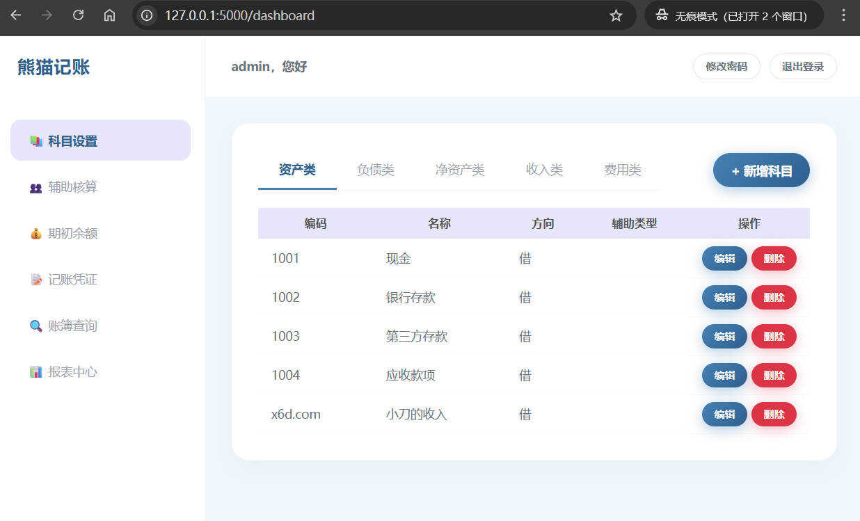 Web个人复式记账工具熊猫记账V1.0 
						